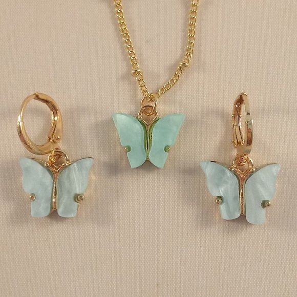 Gold Plated Blue Opal Resin Butterfly Earrings Pendant Necklace Set 18" Gift - Picture 1 of 4